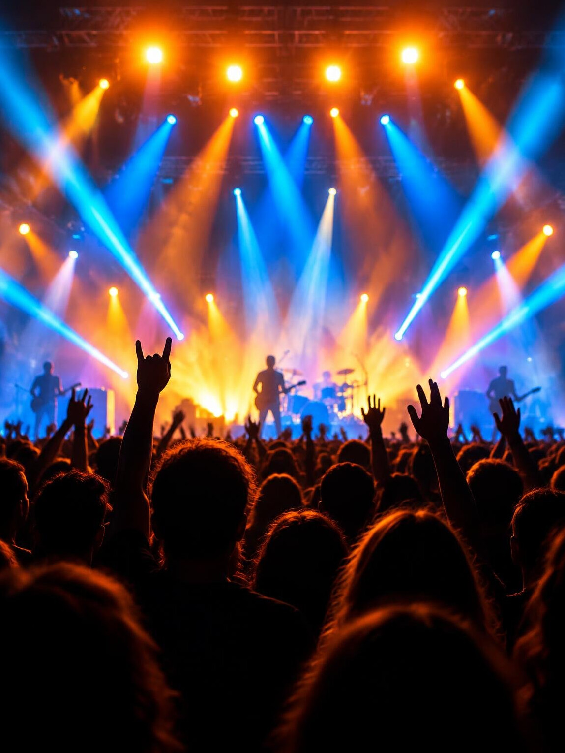 Stage lights above a concert crowd