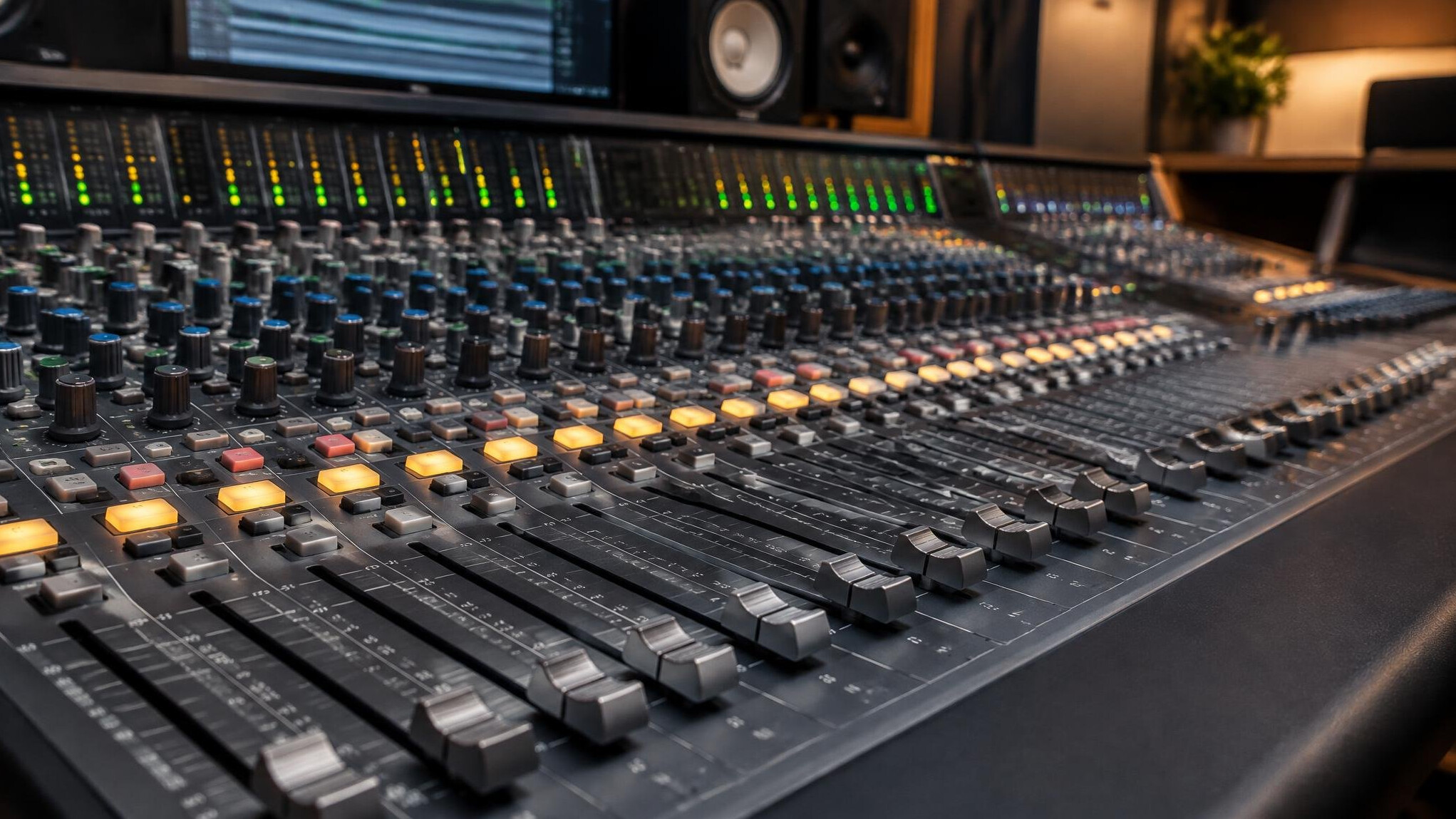 Audio mixing console with faders