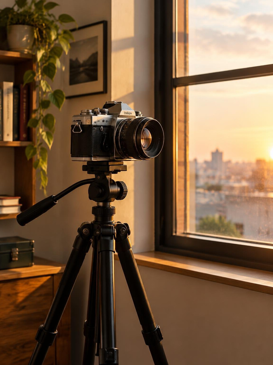Vintage film camera on a tripod