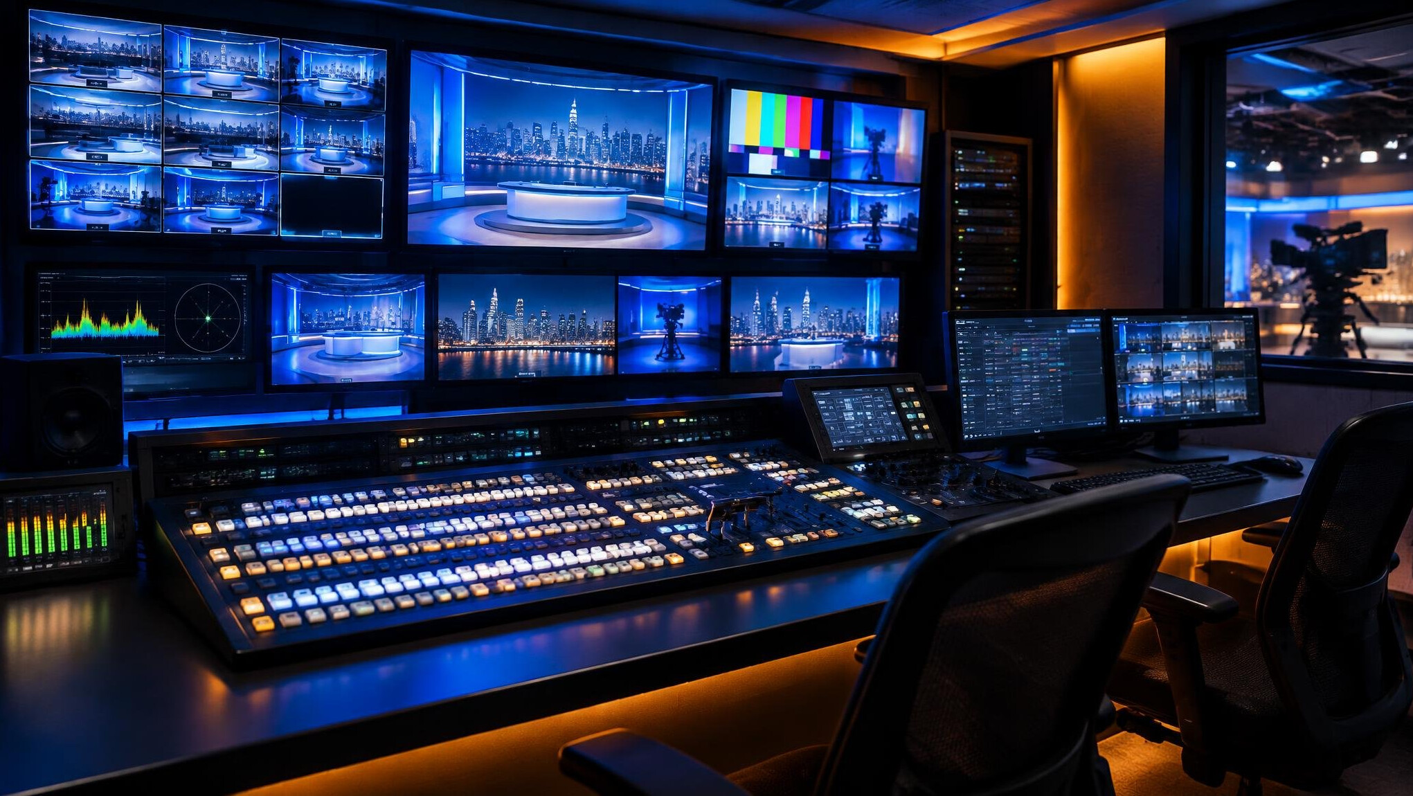 Production control room with monitors