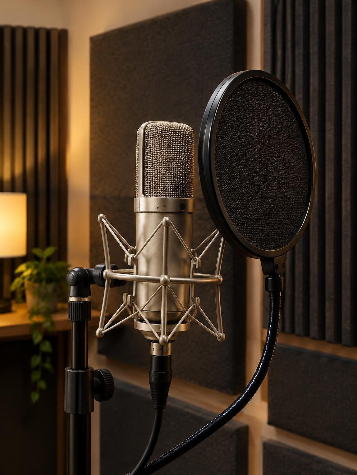 Studio microphone in front of acoustic panels